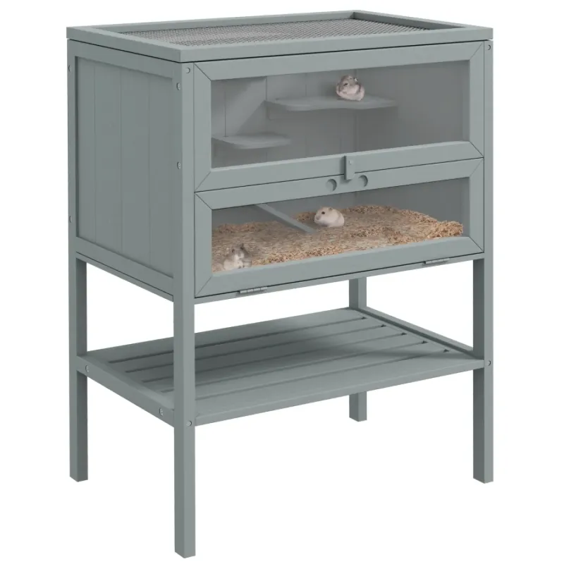 3 Tier Wooden Hamster Cage with Storage Shelf - Grey