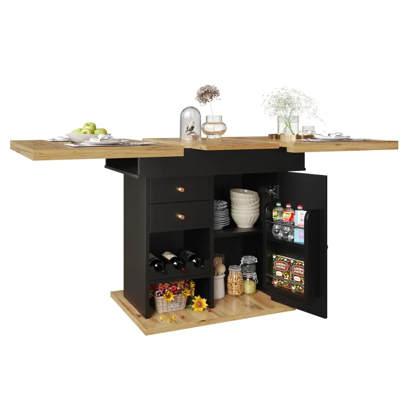 Extendable 4-6 Seater Dining Table with Integrated Wine Rack and Storage Cabinet