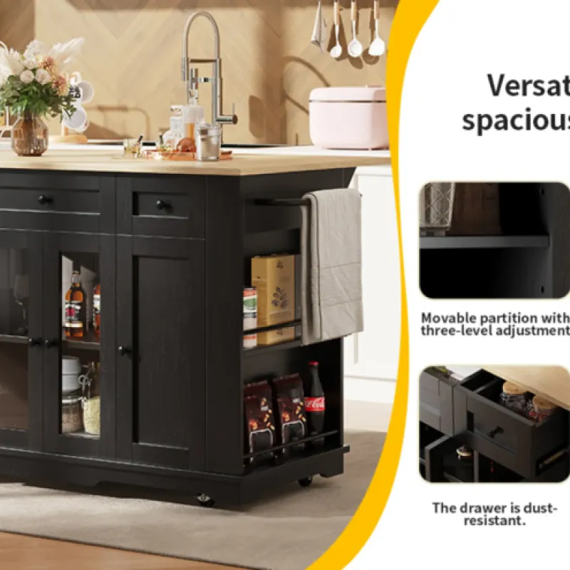 Large Kitchen Island with Extendable Breakfast Bar and Wood Grain Worktop