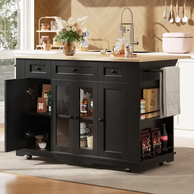 Large Kitchen Island with Extendable Breakfast Bar and Wood Grain Worktop