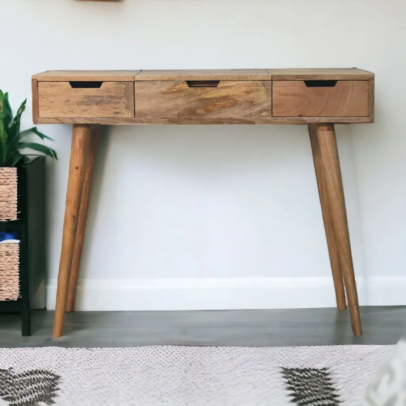 Solid Mango Wood Dressing Table with Mirror & 4 Storage Compartments - Oak-ish Finish