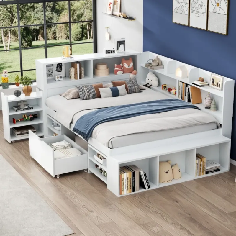 Multifunctional Double Storage Bed with Integrated Bookcase and Drawers, White
