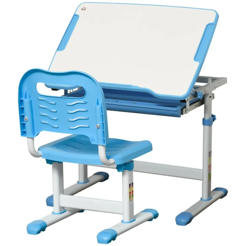 Height Adjustable Kids Desk and Chair Set with Tiltable Desktop - Blue
