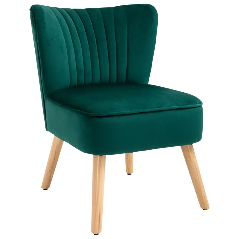 Velvet-Feel Armchair, in Green, with Rubber Wood Legs and Tub Design
