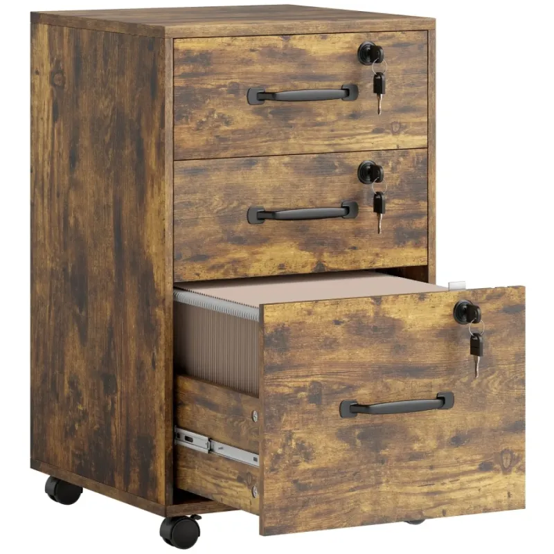  3-Drawer Mobile Filing Cabinet with Individual Locks - Rustic Brown