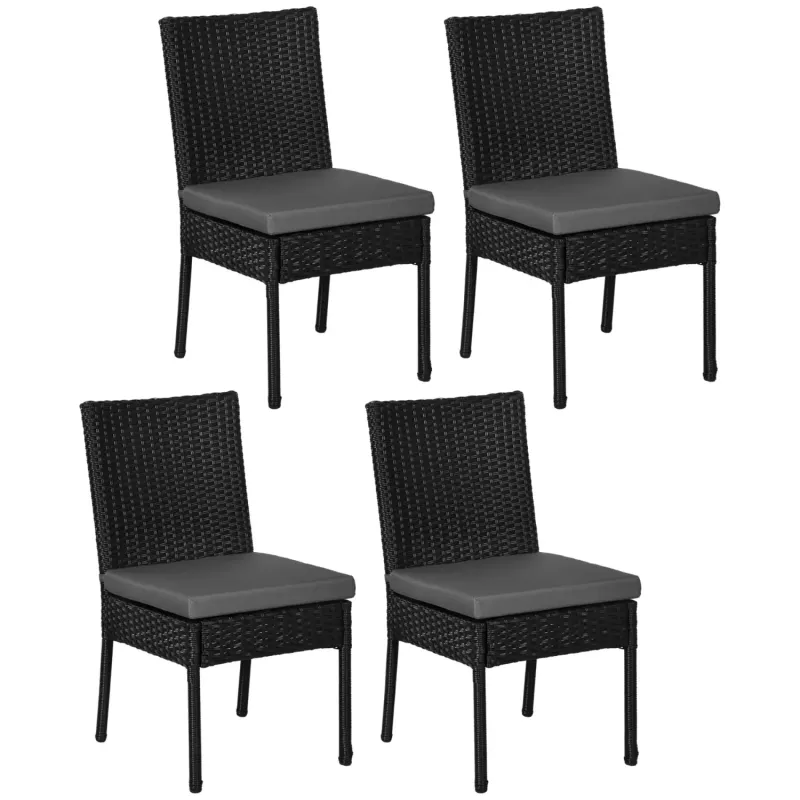  Set of 4 Armless Rattan Garden Dining Chairs with Cushions - Black