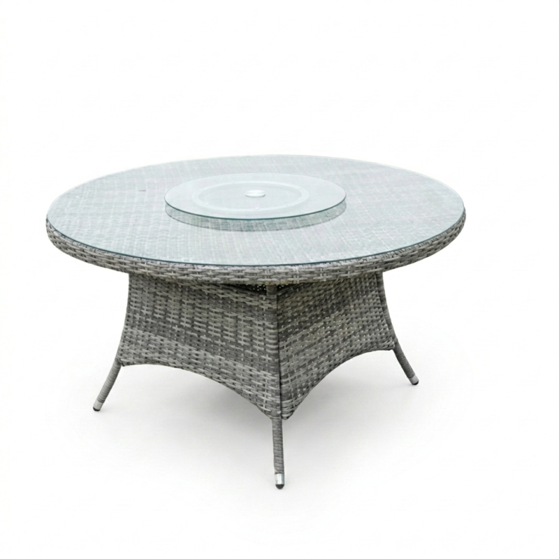 6 Seater Grey Rattan Round Outdoor Dining Table with Glass Lazy Susan