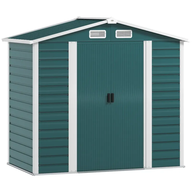  7 x 4ft Galvanised Steel Garden Shed with Foundation Kit and Sliding Doors - Green