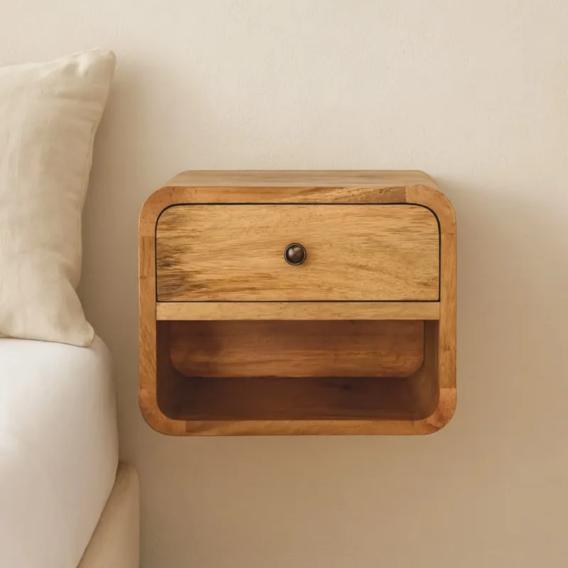 Oak-ish Solid Mango Wood Floating Bedside Table with Drawer and Slot