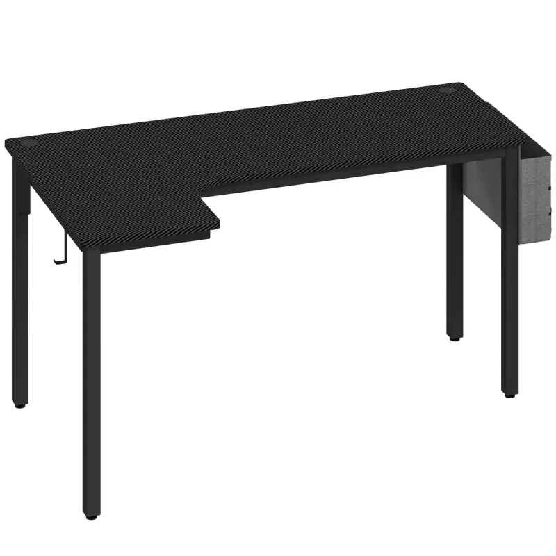L-Shaped Gaming Desk with Fabric Storage Bag and Headphone Hooks - Black