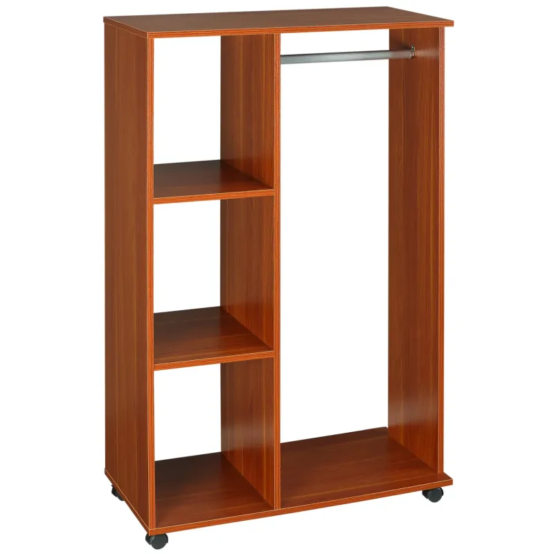 Walnut Open Wardrobe on Wheels with 3 Shelves