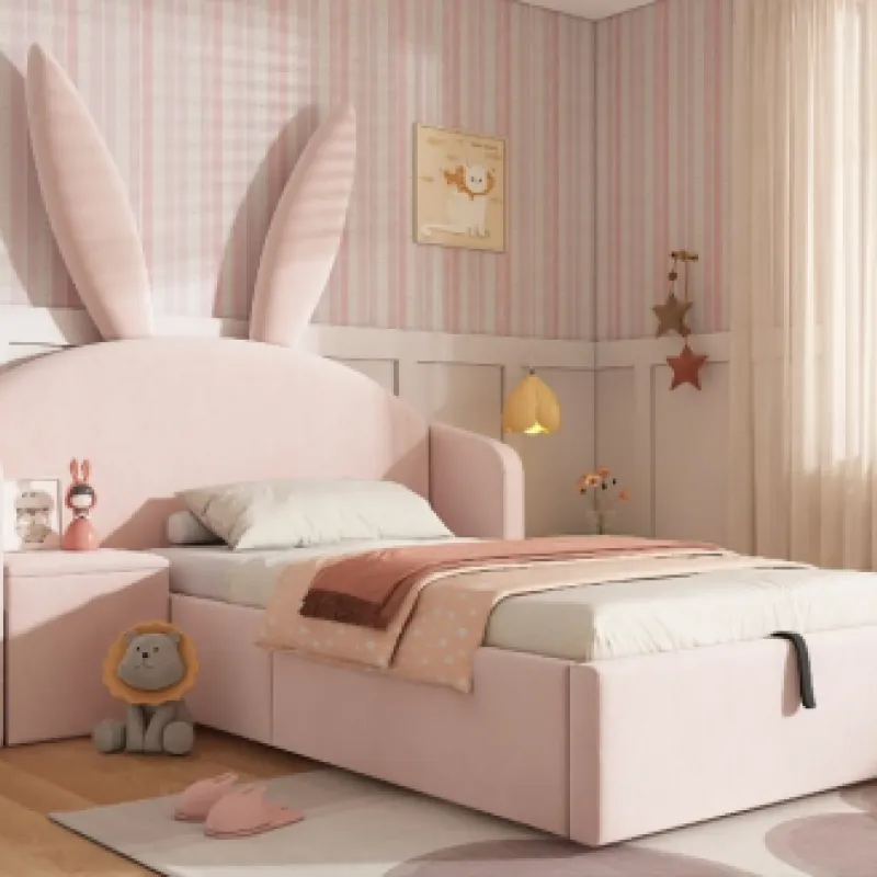 Bunny Ears Single Upholstered Storage Bed with Integrated Nightstand - Rose
