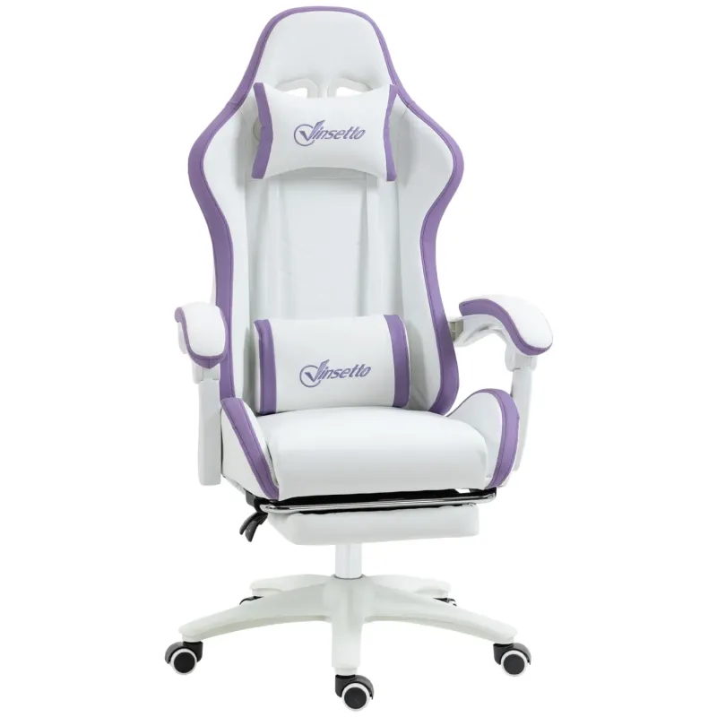 Computer Gaming Chair with Reclining Back, Footrest and Lumbar Support - White and Purple
