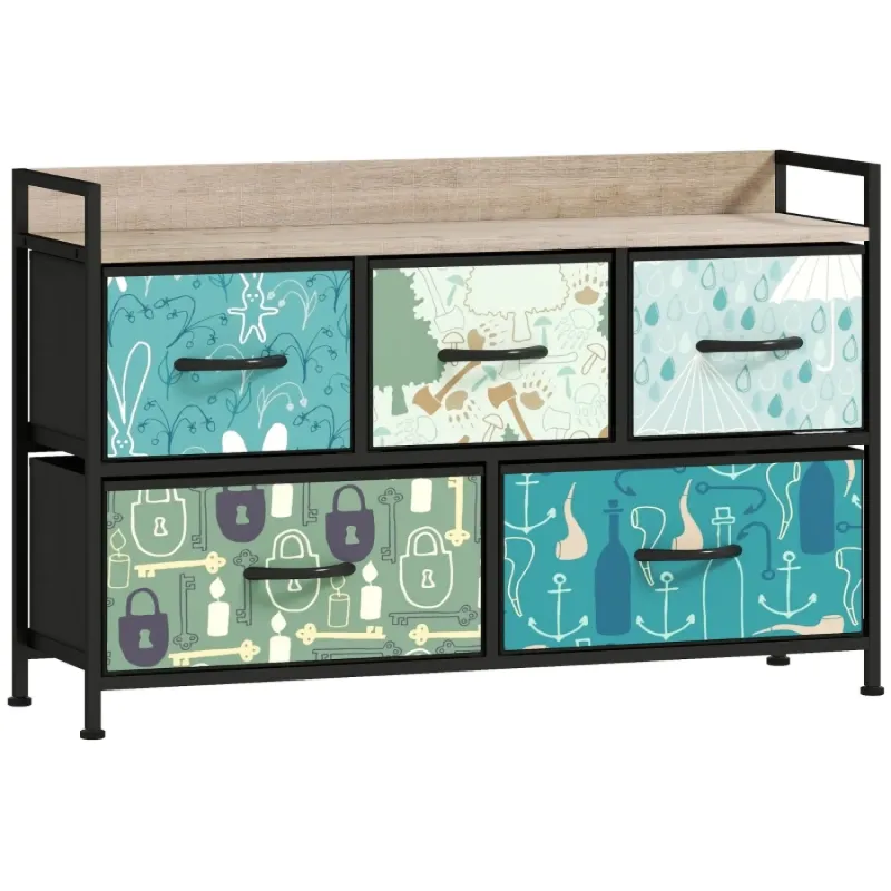 Blue 5-Drawer Fabric Chest of Drawers with Wood-Effect Top