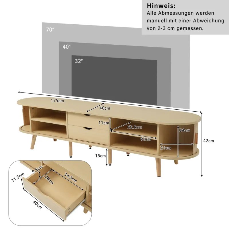 MDF TV Unit, 175cm, in Light Wood, with Sliding Doors and 2 Drawers