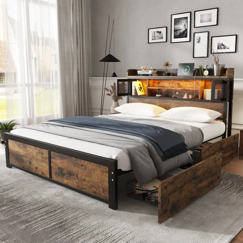 Double Metal Storage Bed with LED Headboard, USB Charging and 2 Drawers - Black and Oak