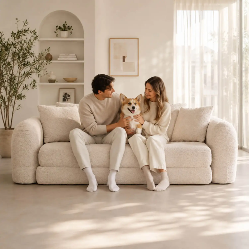 Softy Fabric Sofa Bed, 239cm, in Beige, with Pull-Out Function and High-Density Foam