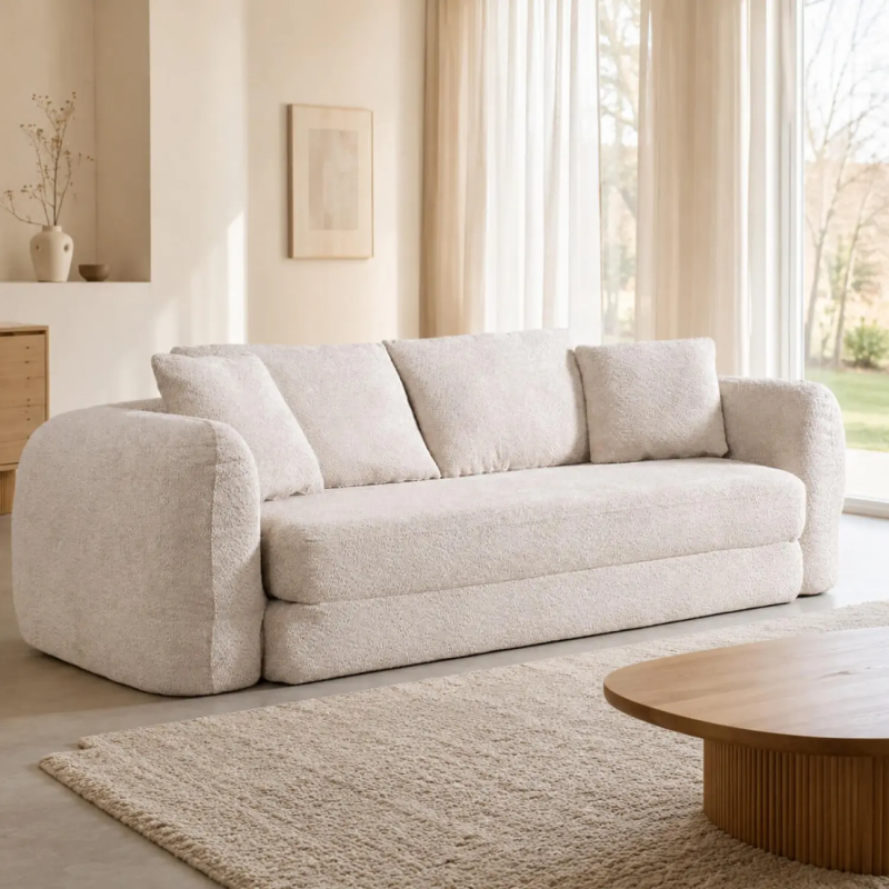Softy Fabric Sofa Bed, 239cm, in Beige, with Pull-Out Function and High-Density Foam
