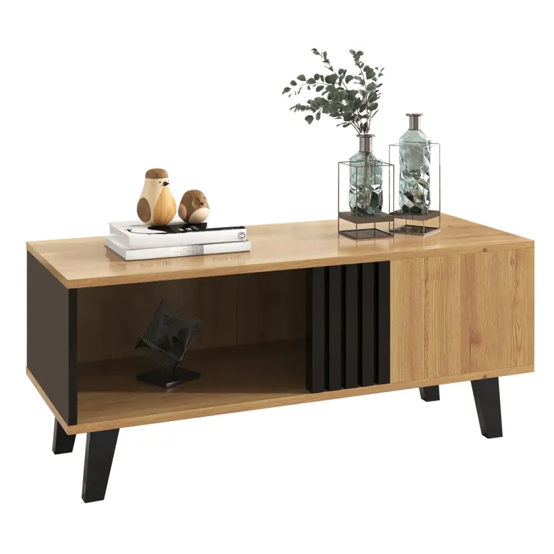 Modern Oak Effect and Black Coffee Table with Integrated Side Storage - 100cm