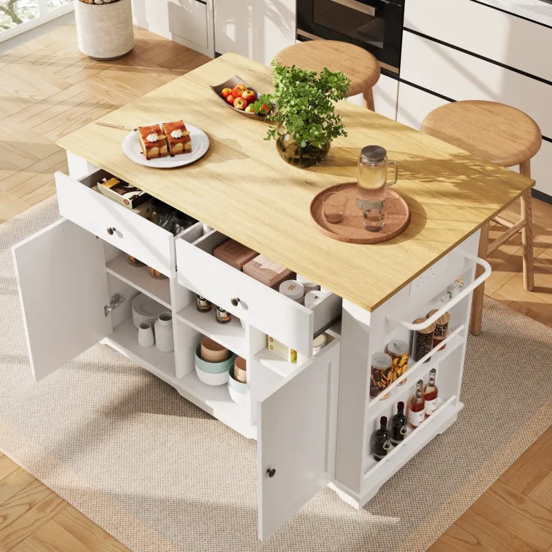 Large Kitchen Island Trolley with Folding Breakfast Bar and Integrated Power Sockets - White