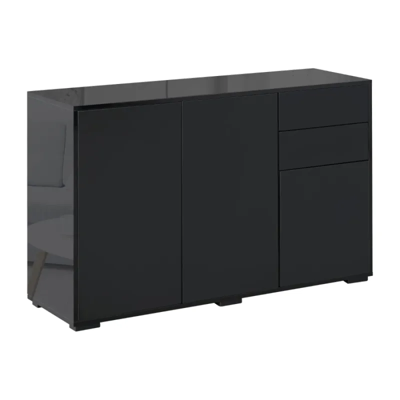  High Gloss Sideboard with 2 Drawers and 2 Cupboards - Black