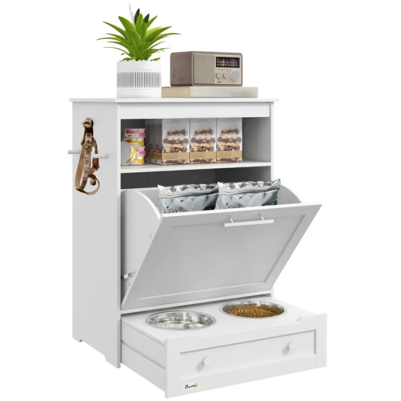 White Pet Feeder Station with Storage Cabinet and Raised Bowls