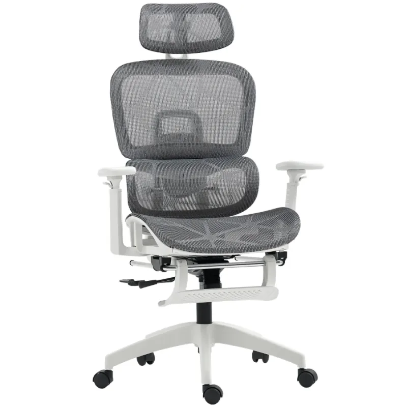  Ergonomic Mesh Office Chair with 3D Armrests, Footrest and 135° Recline - Grey and White