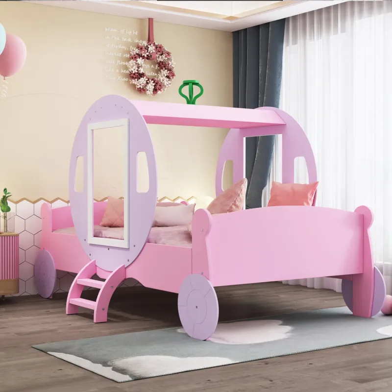 3FT Pink Princess Carriage Kids Single Bed - Wood Frame