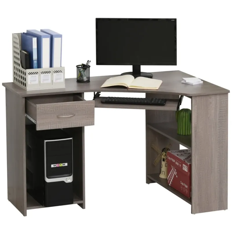 L-Shaped Corner Desk with Keyboard Tray and Storage - Grey