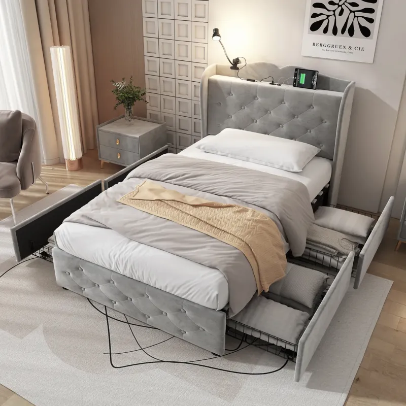 Grey Velvet 3ft Single Storage Bed with 4 Drawers, LED Light and USB Charging
