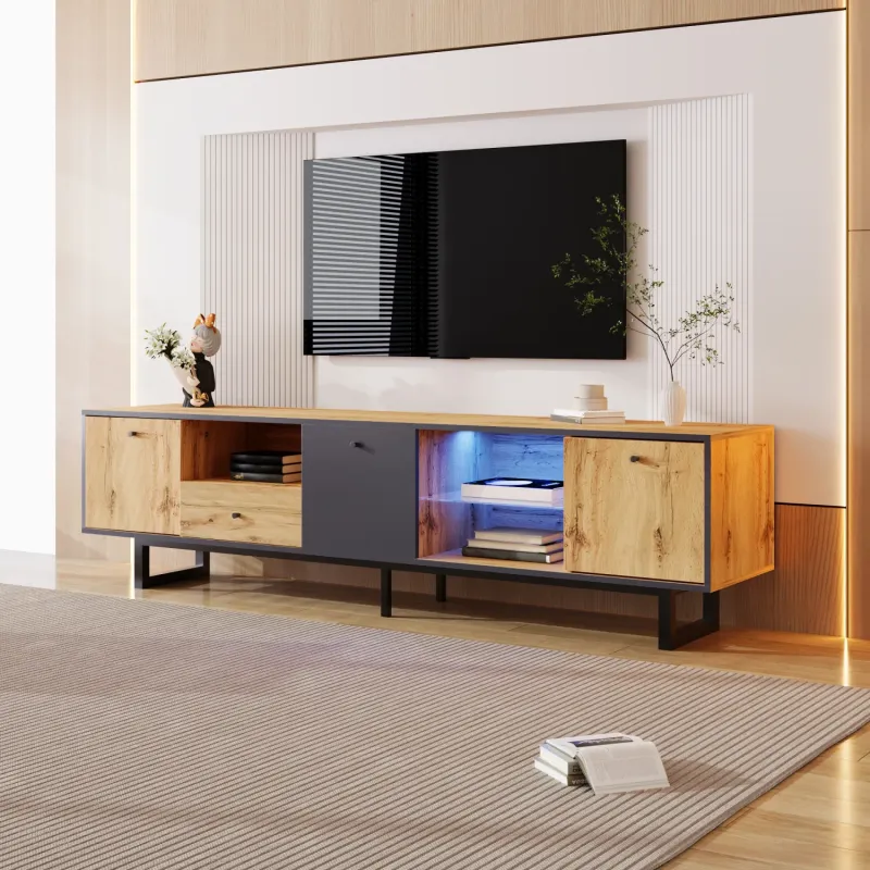 190cm Industrial TV Stand with LED Lighting, Soft-Close Doors and Drawer - Wood & Anthracite