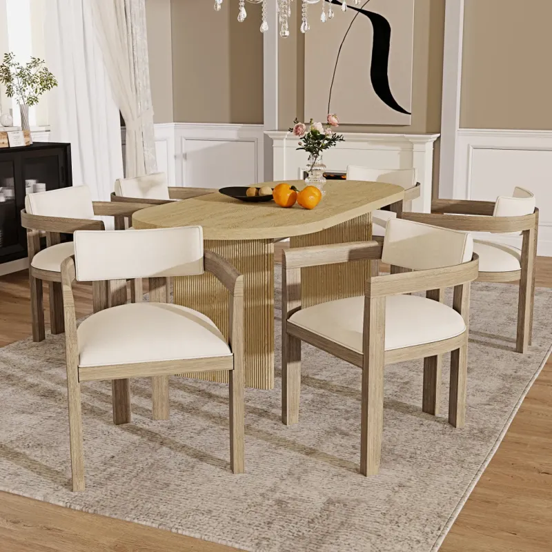 Set of 6 Solid Wood Dining Chairs with Armrests and Linen Upholstery - Natural & Beige
