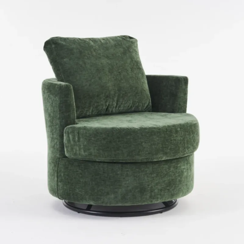 Green Chenille Swivel Armchair with Plush Back Cushion
