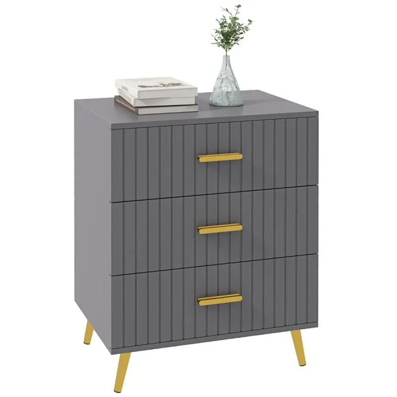 Three Drawer Chest of Drawers with Embossed Line Detail - Grey & Gold
