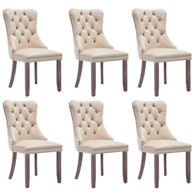 Set of 6 Beige Velvet Button Tufted Dining Chairs with Knocker Ring