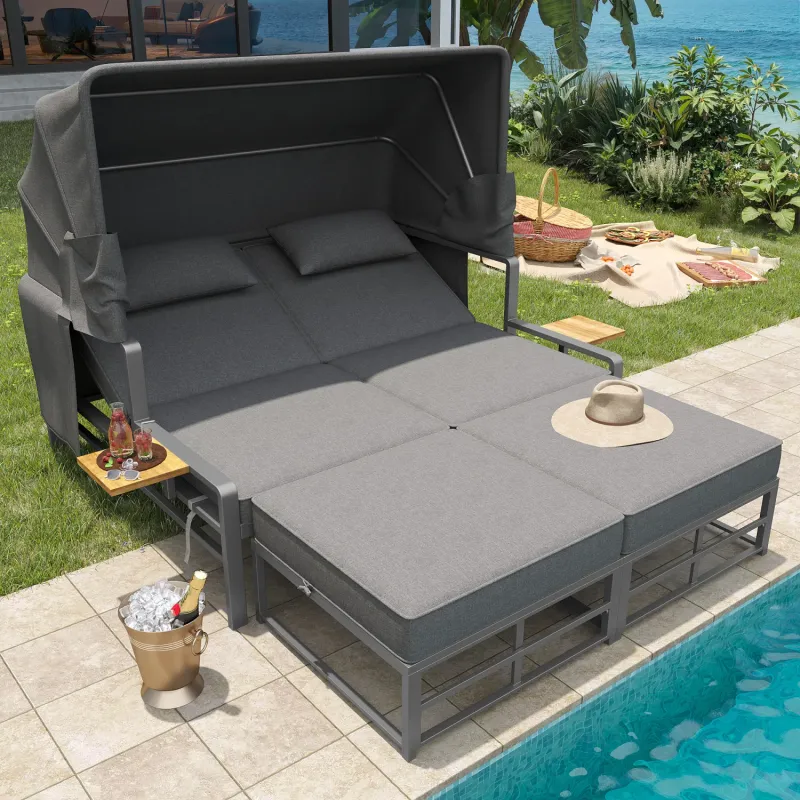 Outdoor Modular Lounge Set with Retractable Canopy and Integrated Side Tables