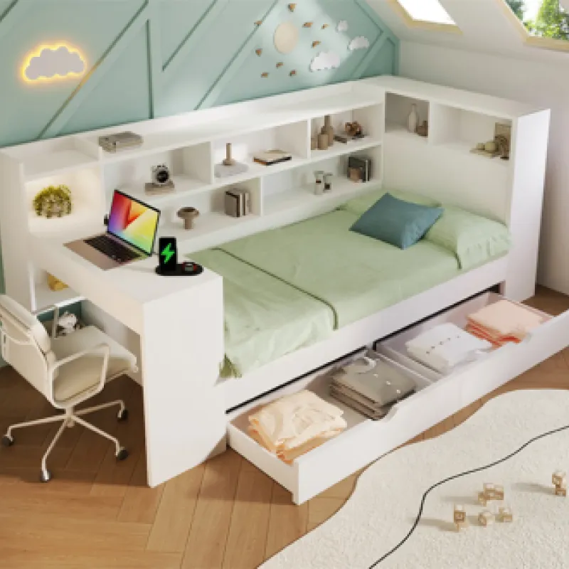 Single Daybed with Integrated Desk, Storage Shelves and Charging Ports - White