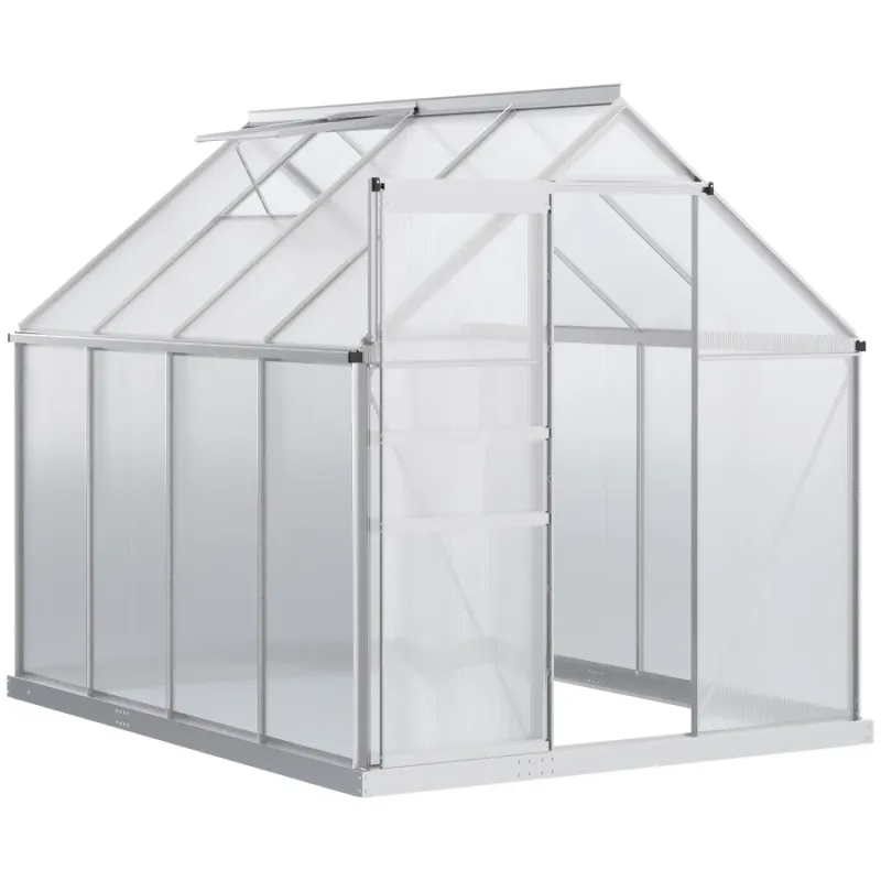 190 x 253 cm Walk-In Polycarbonate Greenhouse with Aluminium Frame & Base - Silver-Tone