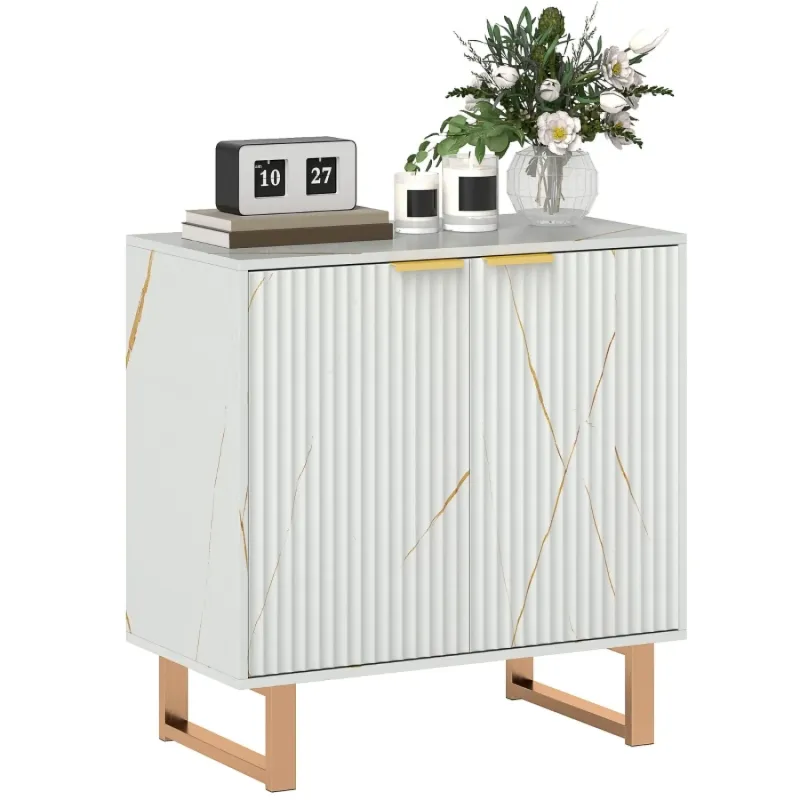 Ridged Wood Effect Sideboard, 77cm, in White, with Gold-Tone Hairpin Legs