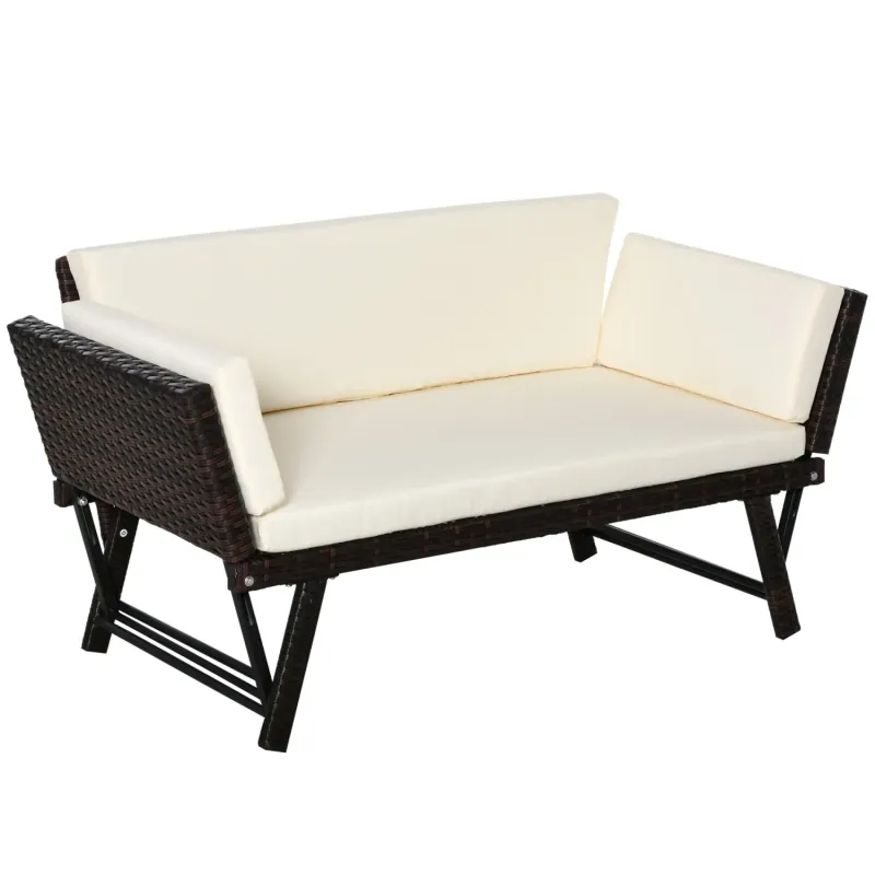 2-Seater Convertible Rattan Garden Sofa Daybed - Brown