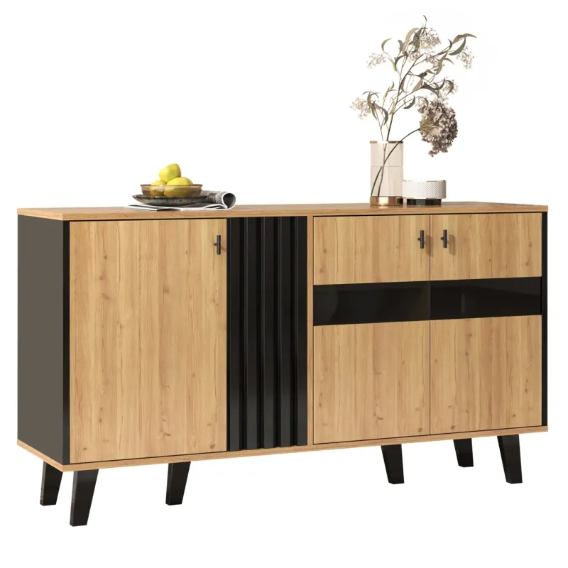 140cm Wood and Black Sideboard with LED Lighting and Glass Door