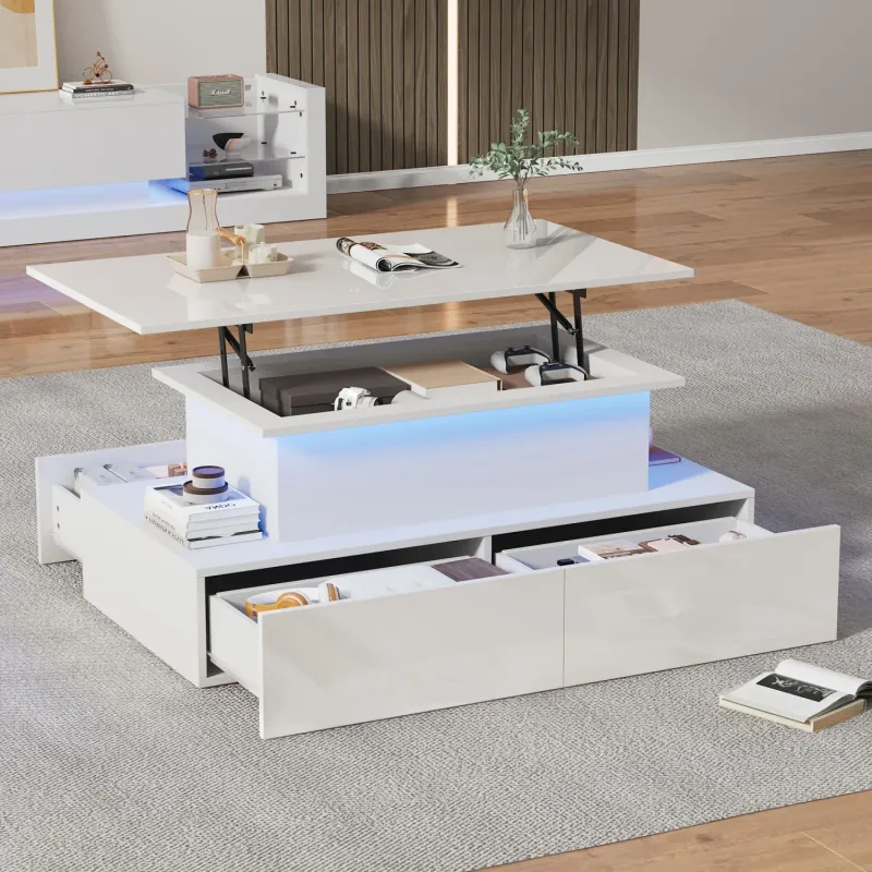 White High Gloss LED Coffee Table with Lift-Top Storage and 4 Drawers