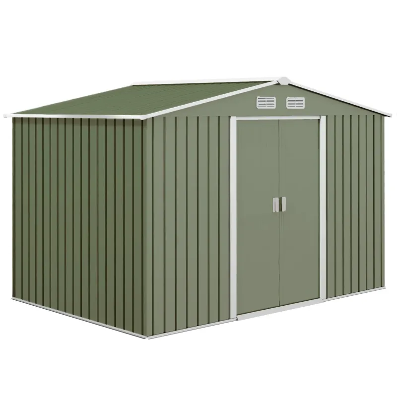  9 x 6ft Metal Garden Shed with Foundation Kit, Lockable Double Doors & Ventilation - Light Green