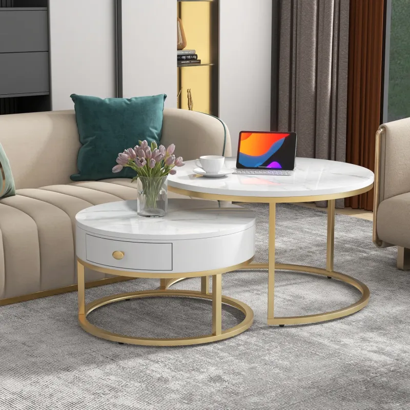 Set of 2 Nesting Round Coffee Tables with Marble Effect Top, Storage Drawer and Gold Frame