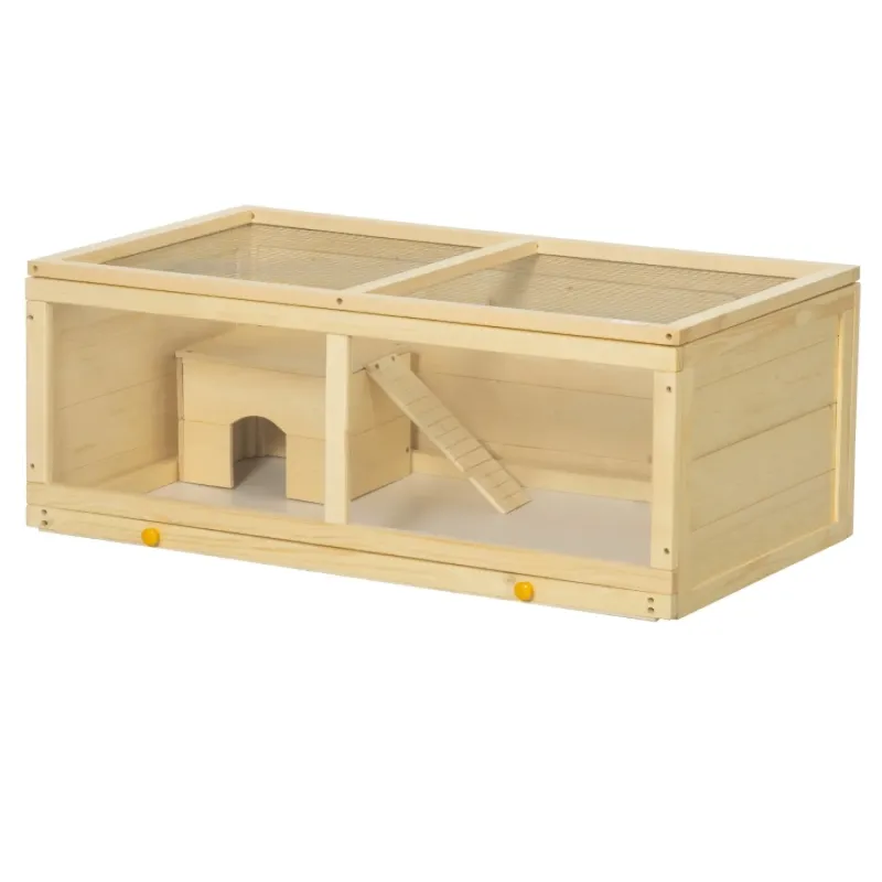 100cm Wooden Hamster Cage with Sliding Tray and Acrylic Window - Natural Wood