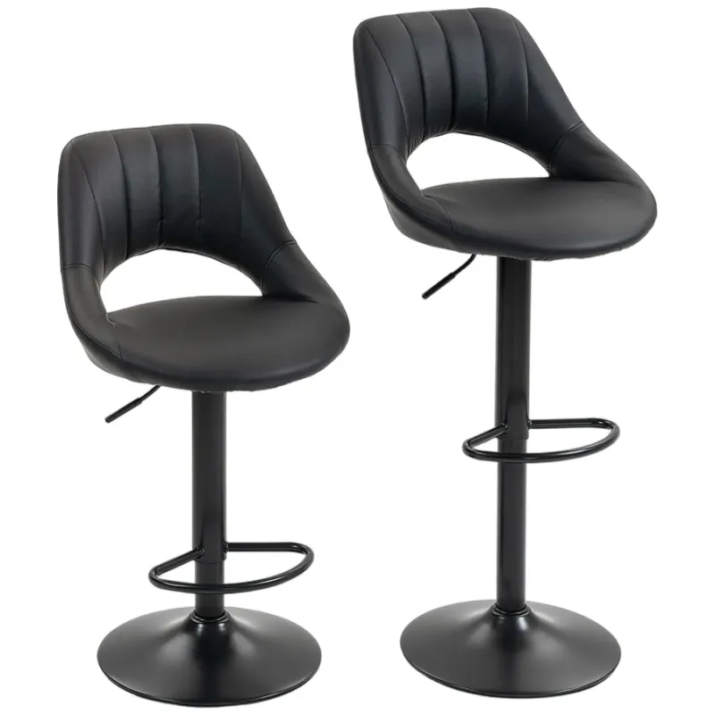  Set of 2 Black Faux Leather Bar Stools with Adjustable Height and 360° Swivel