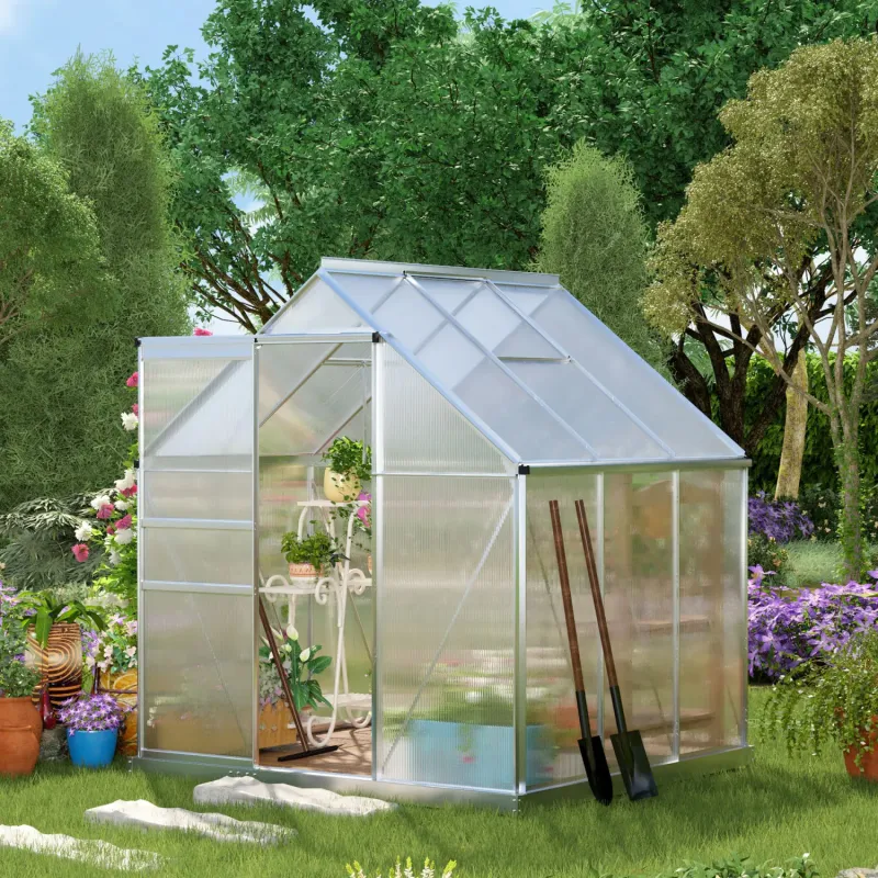  1.9m x 1.9m Walk-In Polycarbonate Greenhouse with Aluminium Frame and Base