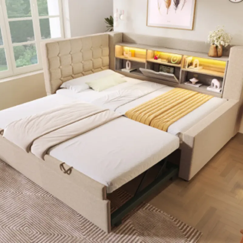 Linen Upholstered Daybed, 3FT Single, in Beige, with Pull-Out Trundle and Charging Station