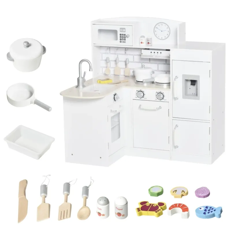 Kids Wooden Play Kitchen Set with Water Dispenser & 14 Accessories - White