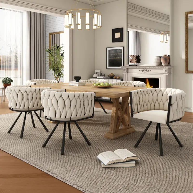Set of 6 Velvet Swivel Dining Chairs, Beige